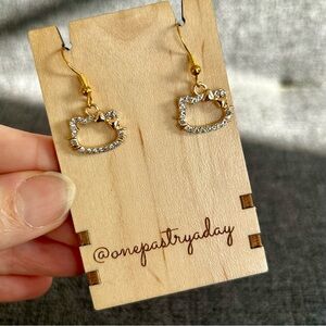 Fun, Sparkly Hello Kitty Rhinestone Dangle Fashion Earrings, Gold, Clear